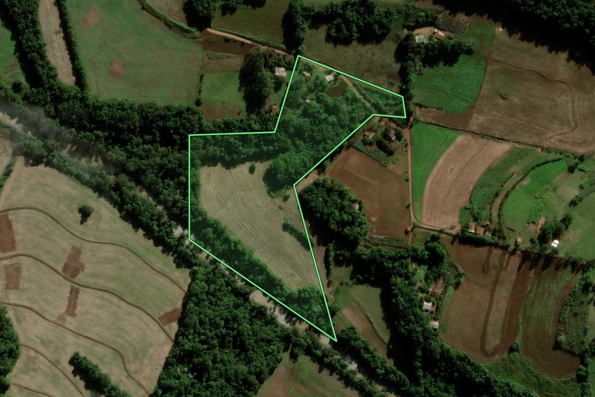 Imagem de satélite do imóvel rural em Inhacorá (RS), com o contorno declarado no CAR desenhado por cima.
