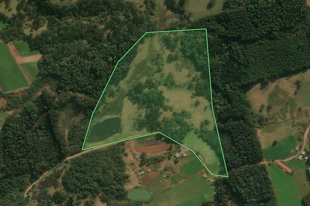 Imagem de satélite do imóvel rural em Ipê (RS), com o contorno declarado no CAR desenhado por cima.