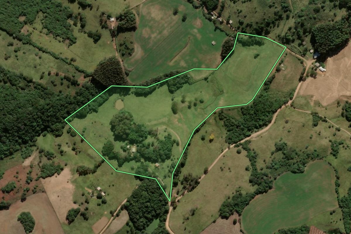 Imagem de satélite do imóvel rural em Ipê (RS), com o contorno declarado no CAR desenhado por cima.