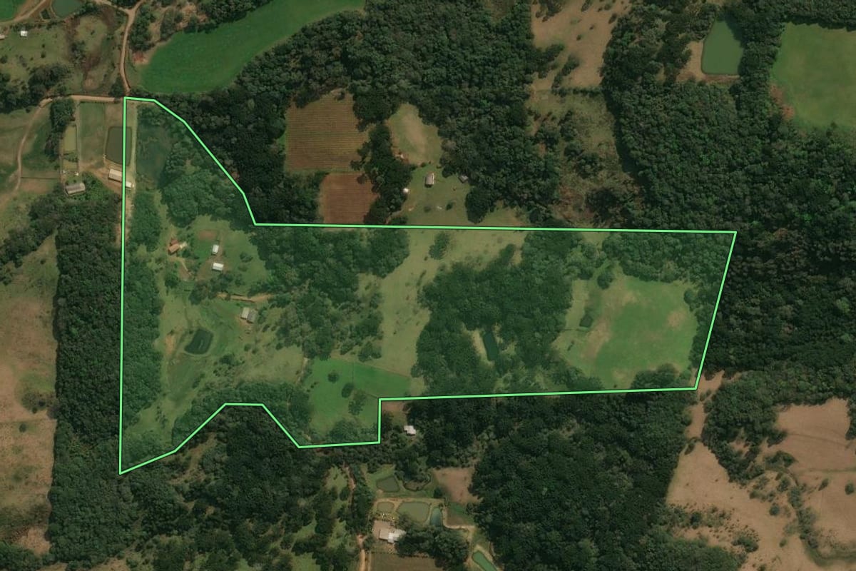 Imagem de satélite do imóvel rural em Ipê (RS), com o contorno declarado no CAR desenhado por cima.