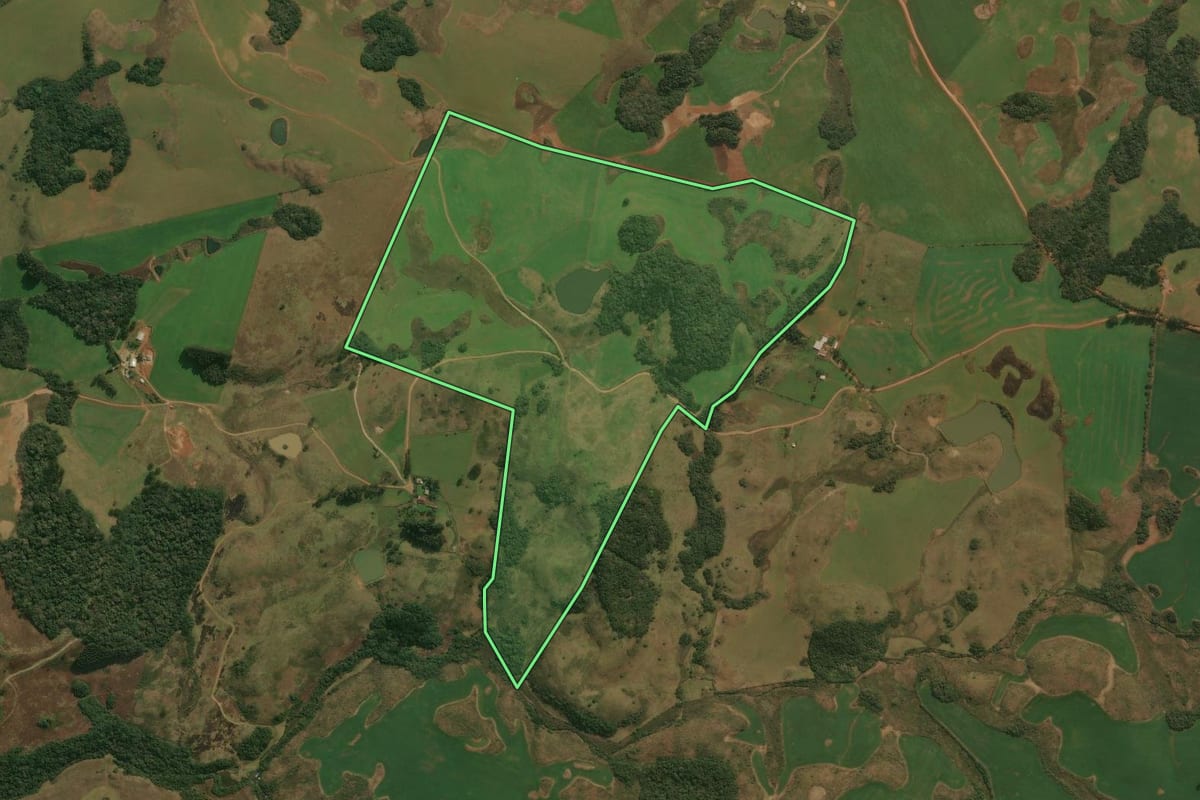 Imagem de satélite do imóvel rural em Ipê (RS), com o contorno declarado no CAR desenhado por cima.