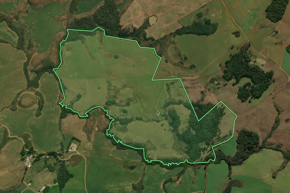 Imagem de satélite do imóvel rural em Ipê (RS), com o contorno declarado no CAR desenhado por cima.