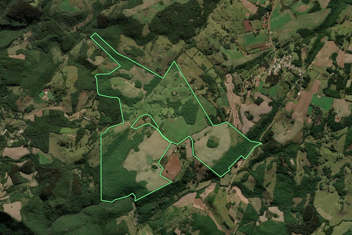 Imagem de satélite do imóvel rural em Ipê (RS), com o contorno declarado no CAR desenhado por cima.