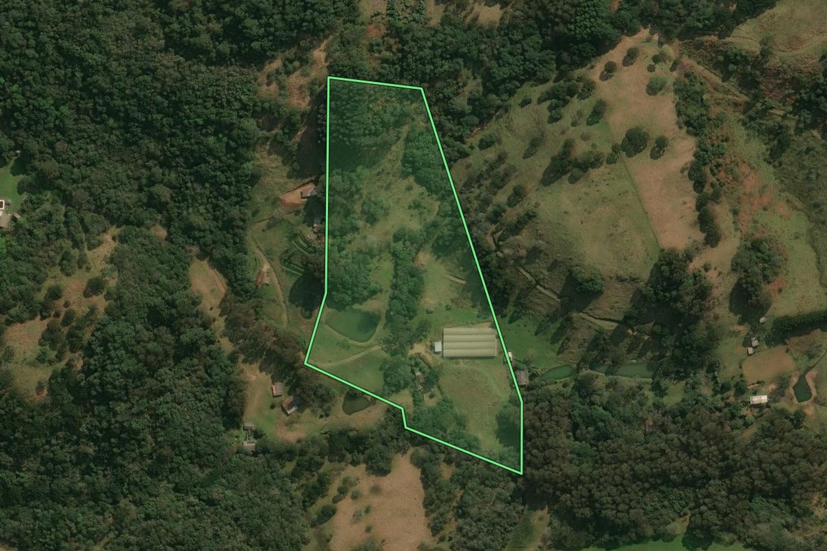 Imagem de satélite do imóvel rural em Ipê (RS), com o contorno declarado no CAR desenhado por cima.