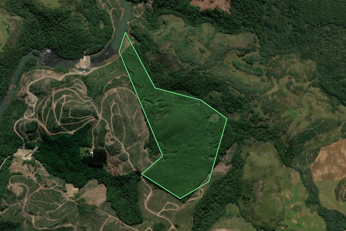 Imagem de satélite do imóvel rural em Ipê (RS), com o contorno declarado no CAR desenhado por cima.