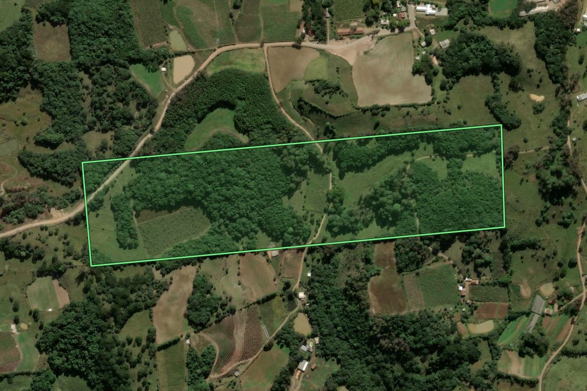 Imagem de satélite do imóvel rural em Ipê (RS), com o contorno declarado no CAR desenhado por cima.
