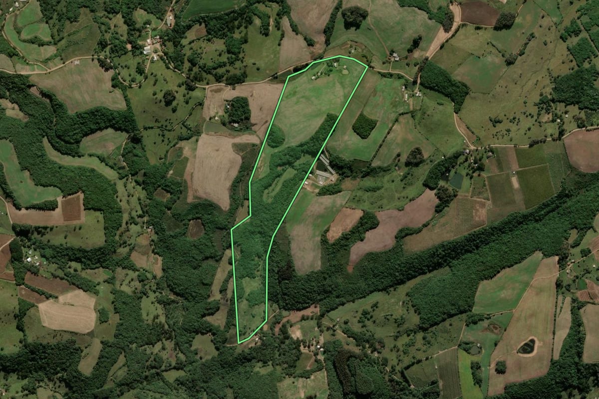 Imagem de satélite do imóvel rural em Ipê (RS), com o contorno declarado no CAR desenhado por cima.