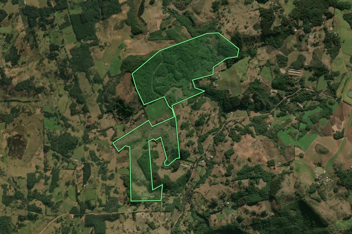 Imagem de satélite do imóvel rural em Ipê (RS), com o contorno declarado no CAR desenhado por cima.