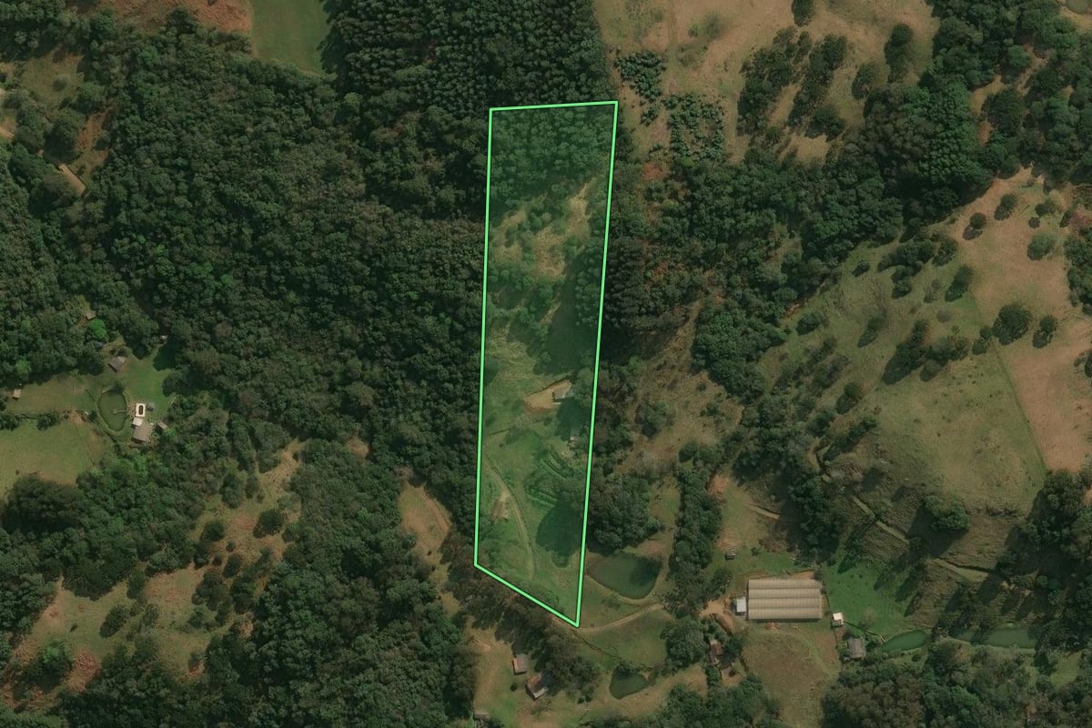 Imagem de satélite do imóvel rural em Ipê (RS), com o contorno declarado no CAR desenhado por cima.