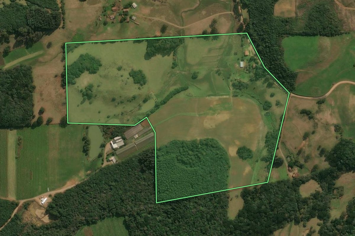 Imagem de satélite do imóvel rural em Ipê (RS), com o contorno declarado no CAR desenhado por cima.