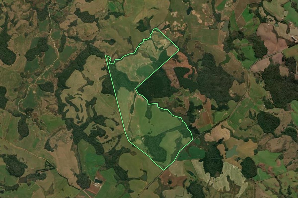Imagem de satélite do imóvel rural em Ipê (RS), com o contorno declarado no CAR desenhado por cima.