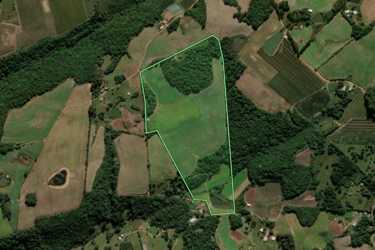 Imagem de satélite do imóvel rural em Ipê (RS), com o contorno declarado no CAR desenhado por cima.