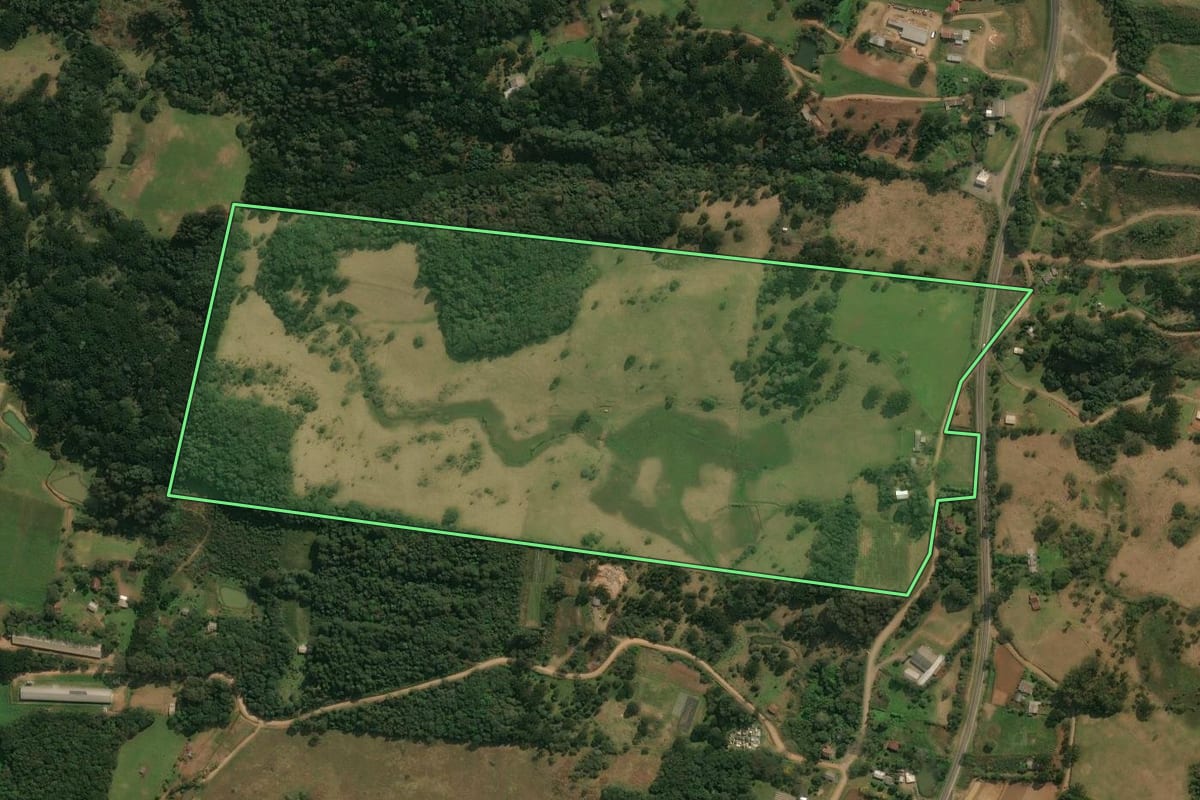 Imagem de satélite do imóvel rural em Ipê (RS), com o contorno declarado no CAR desenhado por cima.