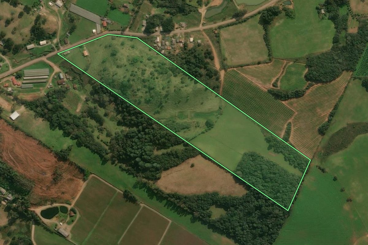 Imagem de satélite do imóvel rural em Ipê (RS), com o contorno declarado no CAR desenhado por cima.