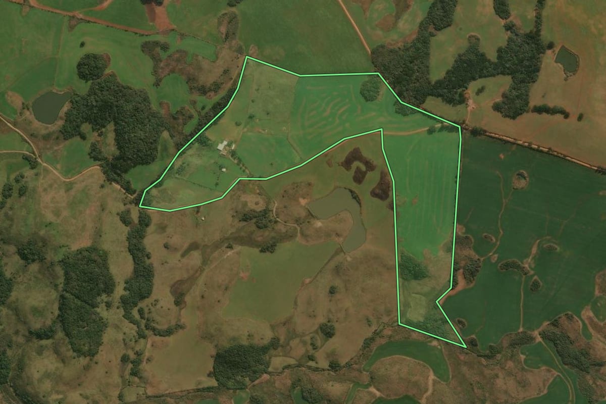 Imagem de satélite do imóvel rural em Ipê (RS), com o contorno declarado no CAR desenhado por cima.