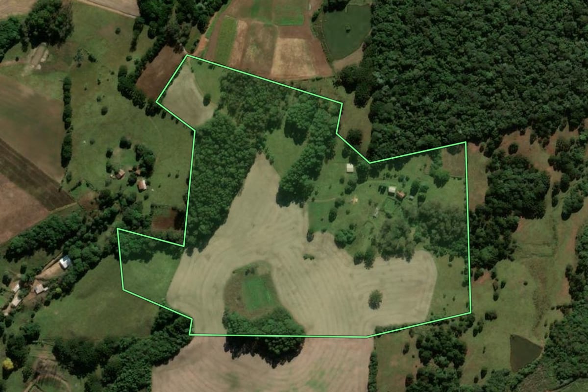 Imagem de satélite do imóvel rural em Ipê (RS), com o contorno declarado no CAR desenhado por cima.
