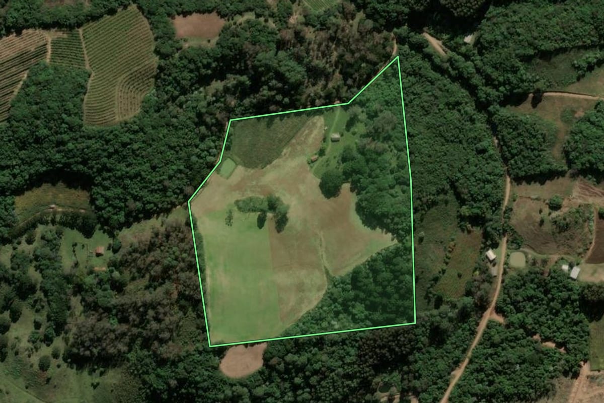 Imagem de satélite do imóvel rural em Ipê (RS), com o contorno declarado no CAR desenhado por cima.
