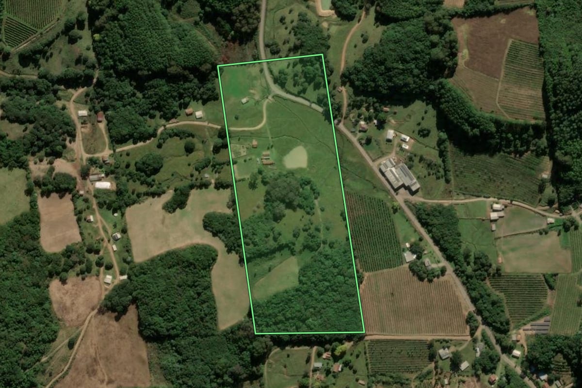 Imagem de satélite do imóvel rural em Ipê (RS), com o contorno declarado no CAR desenhado por cima.