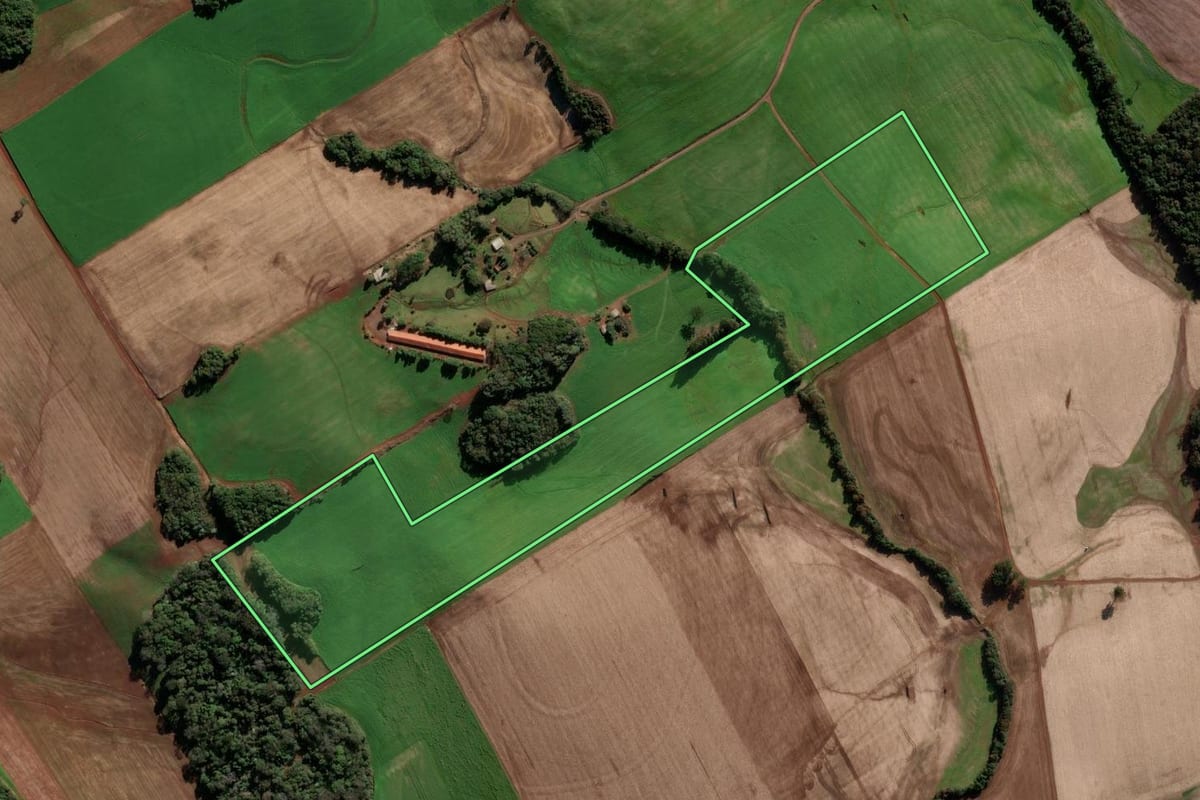 Imagem de satélite do imóvel rural em Ipiranga do Sul (RS), com o contorno declarado no CAR desenhado por cima.