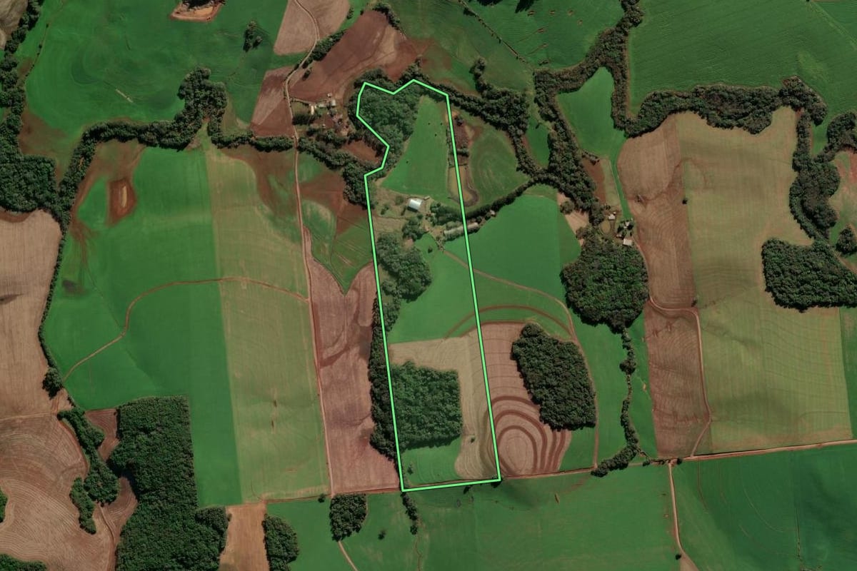 Imagem de satélite do imóvel rural em Ipiranga do Sul (RS), com o contorno declarado no CAR desenhado por cima.
