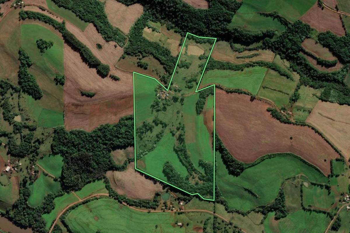 Imagem de satélite do imóvel rural em Iraí (RS), com o contorno declarado no CAR desenhado por cima.
