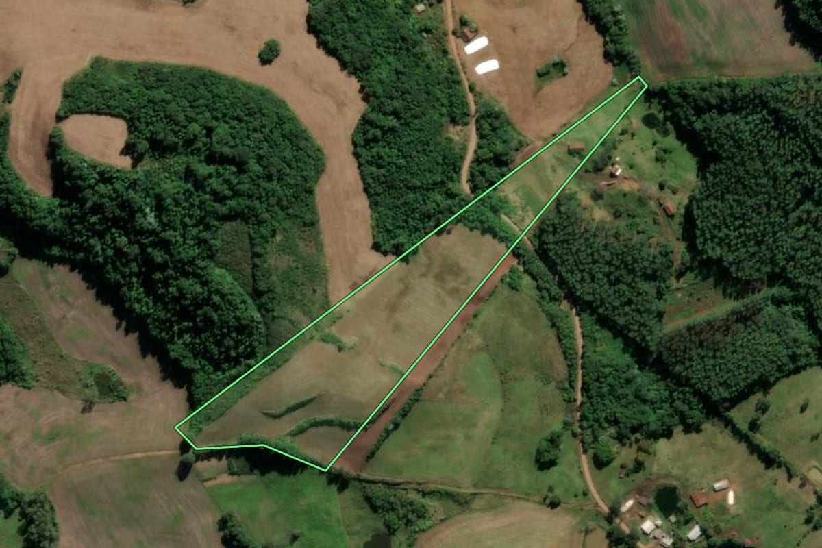 Imagem de satélite do imóvel rural em Iraí (RS), com o contorno declarado no CAR desenhado por cima.