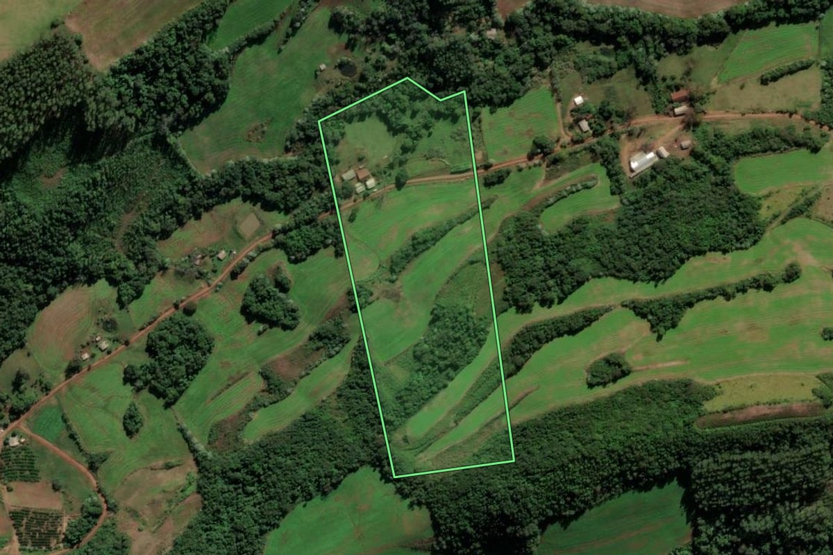 Imagem de satélite do imóvel rural em Iraí (RS), com o contorno declarado no CAR desenhado por cima.