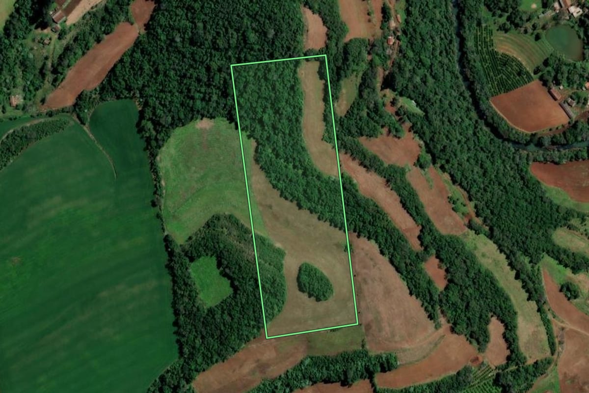 Imagem de satélite do imóvel rural em Iraí (RS), com o contorno declarado no CAR desenhado por cima.