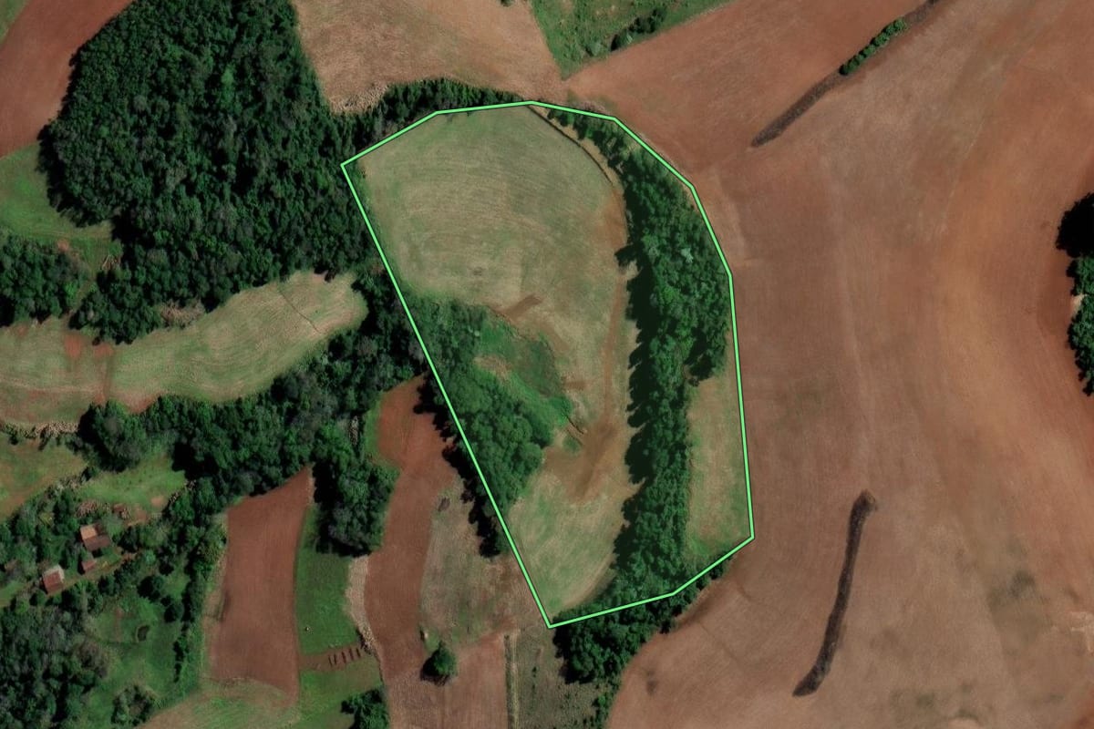 Imagem de satélite do imóvel rural em Iraí (RS), com o contorno declarado no CAR desenhado por cima.