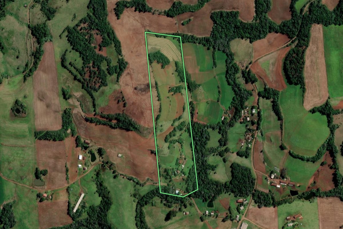 Imagem de satélite do imóvel rural em Iraí (RS), com o contorno declarado no CAR desenhado por cima.