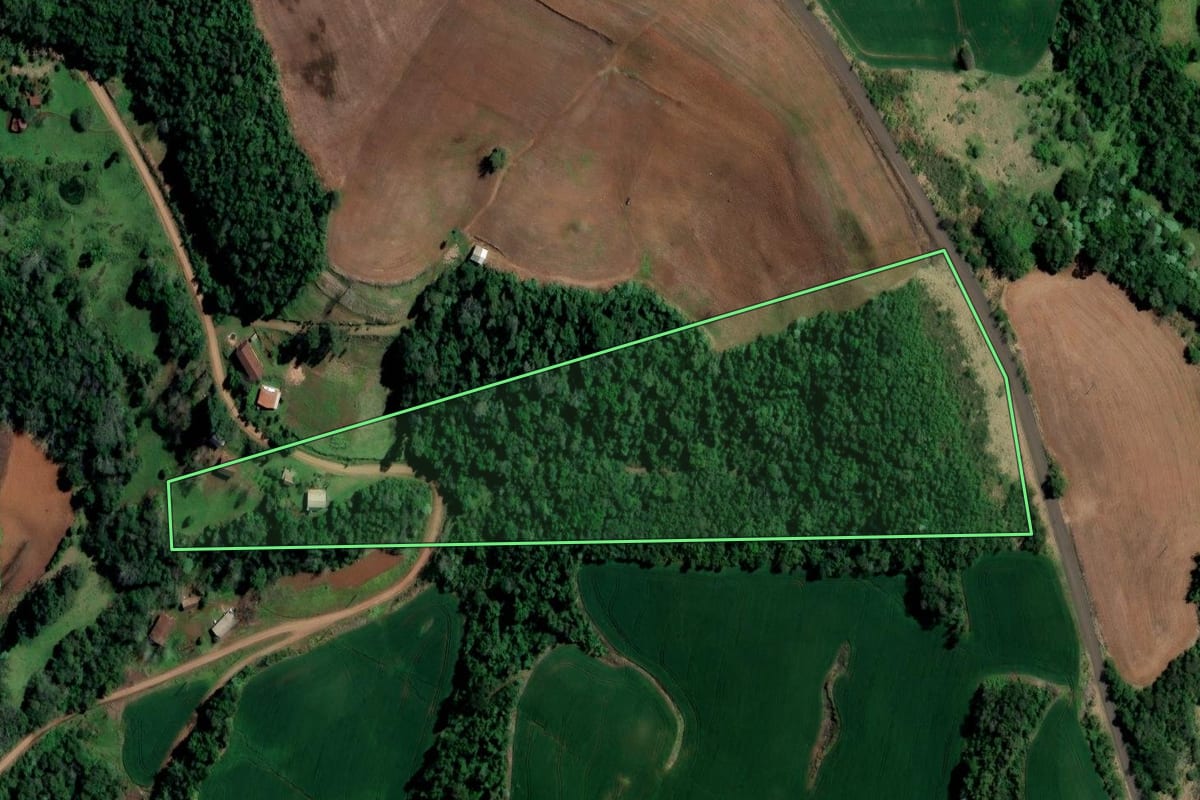 Imagem de satélite do imóvel rural em Iraí (RS), com o contorno declarado no CAR desenhado por cima.