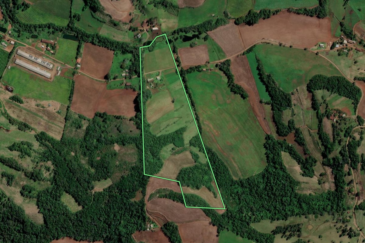 Imagem de satélite do imóvel rural em Iraí (RS), com o contorno declarado no CAR desenhado por cima.