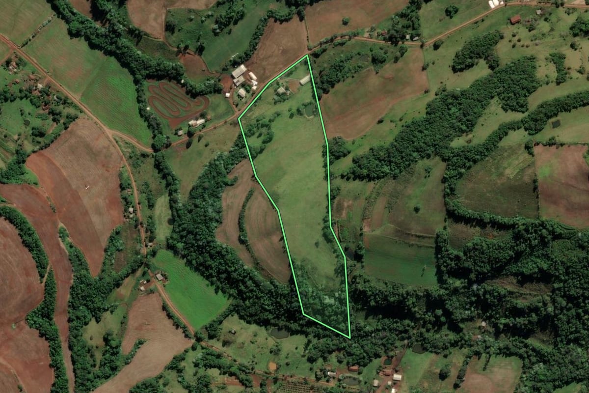 Imagem de satélite do imóvel rural em Iraí (RS), com o contorno declarado no CAR desenhado por cima.