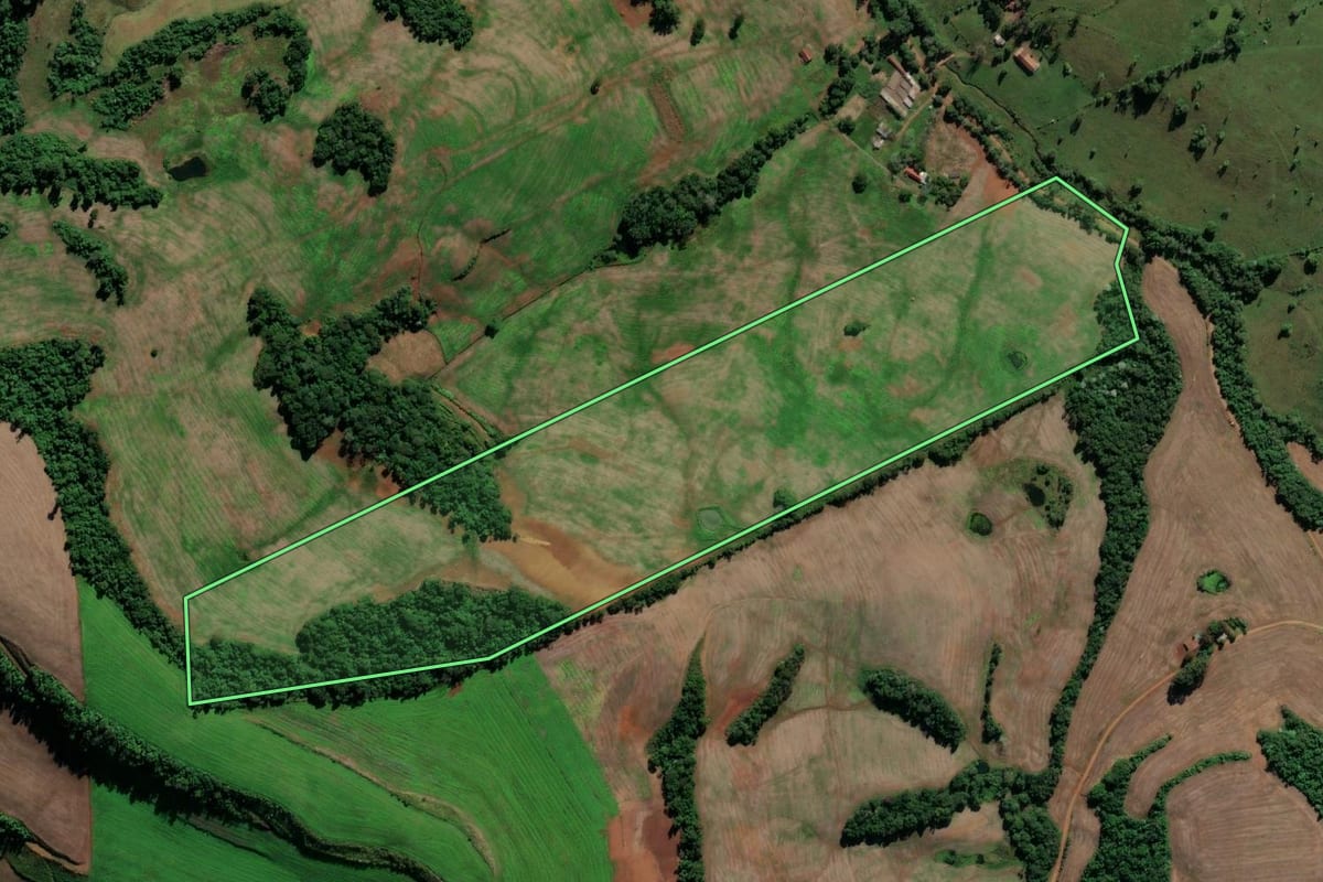 Imagem de satélite do imóvel rural em Iraí (RS), com o contorno declarado no CAR desenhado por cima.