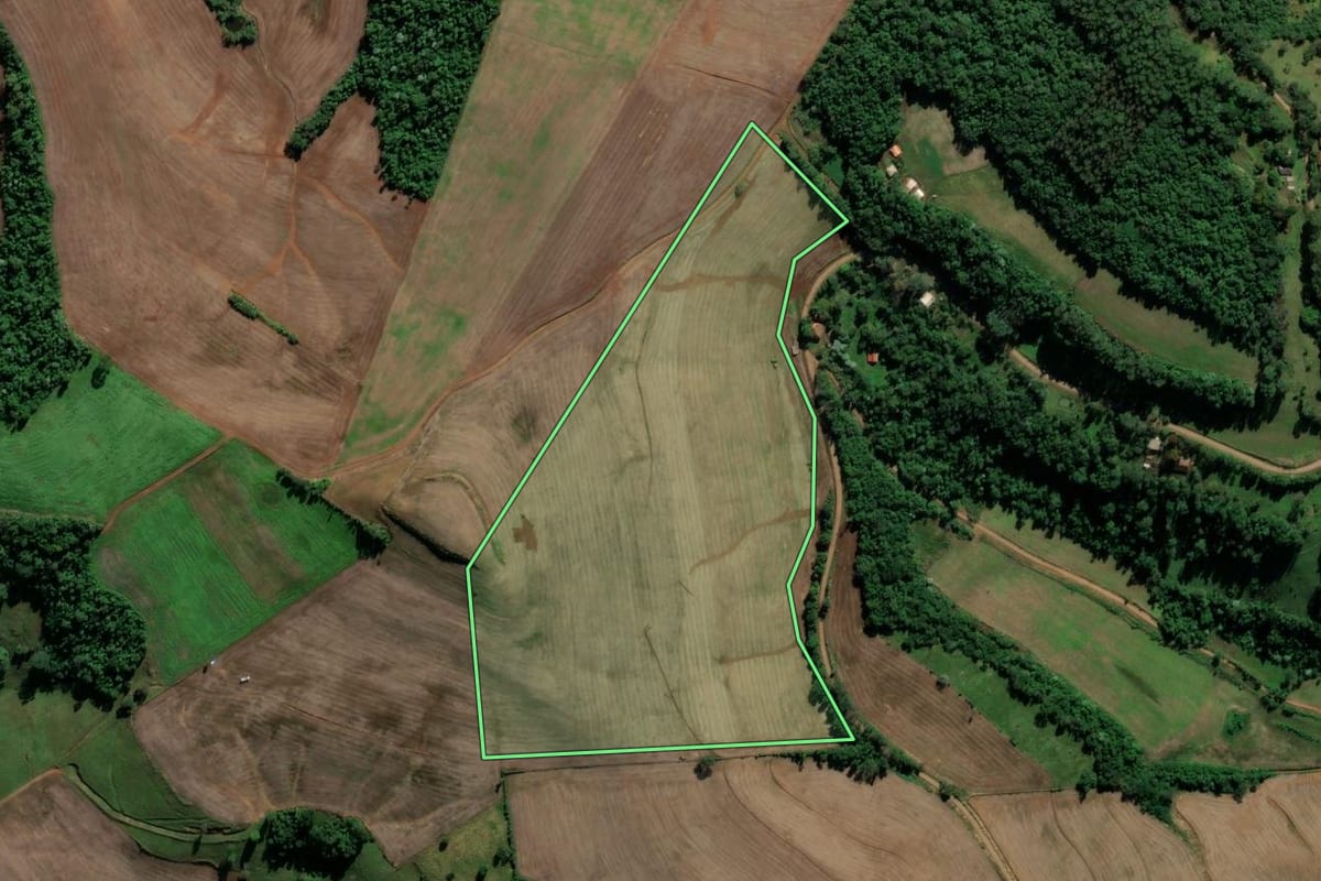 Imagem de satélite do imóvel rural em Iraí (RS), com o contorno declarado no CAR desenhado por cima.