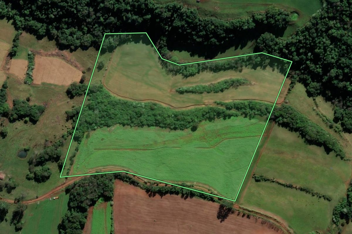 Imagem de satélite do imóvel rural em Iraí (RS), com o contorno declarado no CAR desenhado por cima.
