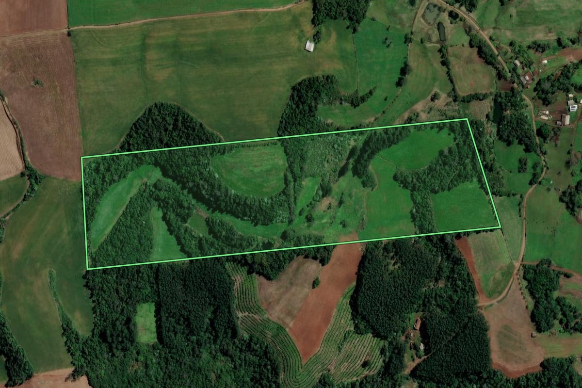 Imagem de satélite do imóvel rural em Iraí (RS), com o contorno declarado no CAR desenhado por cima.