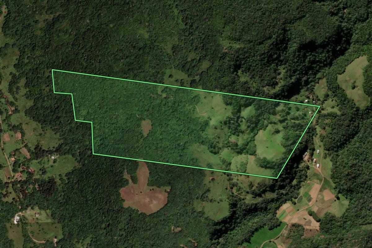 Imagem de satélite do imóvel rural em Itaara (RS), com o contorno declarado no CAR desenhado por cima.