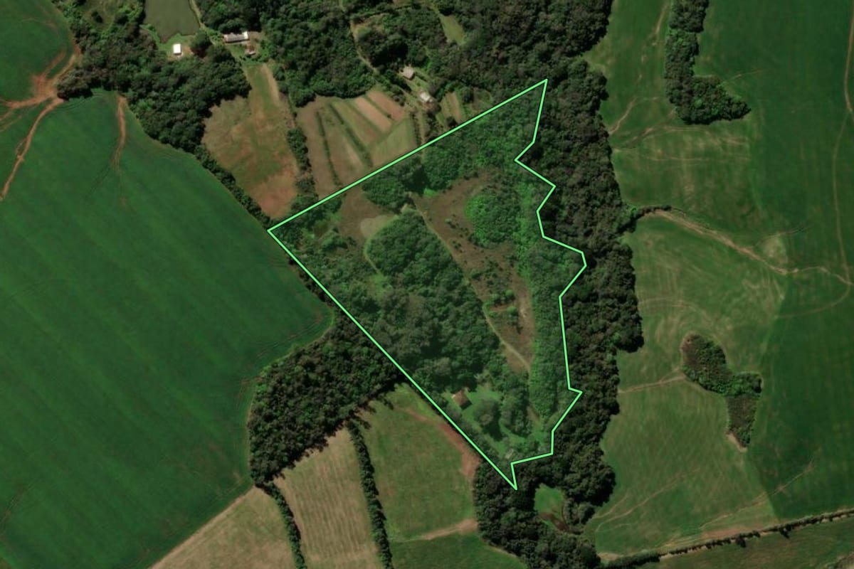 Imagem de satélite do imóvel rural em Itaara (RS), com o contorno declarado no CAR desenhado por cima.