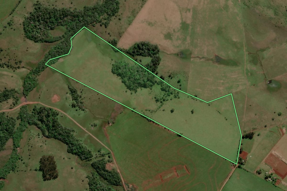 Imagem de satélite do imóvel rural em Itacurubi (RS), com o contorno declarado no CAR desenhado por cima.