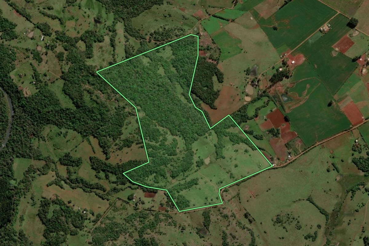 Imagem de satélite do imóvel rural em Itacurubi (RS), com o contorno declarado no CAR desenhado por cima.