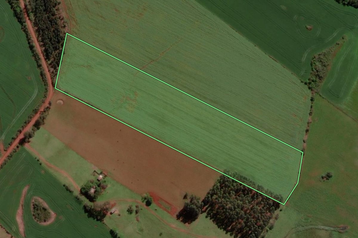 Imagem de satélite do imóvel rural em Itacurubi (RS), com o contorno declarado no CAR desenhado por cima.