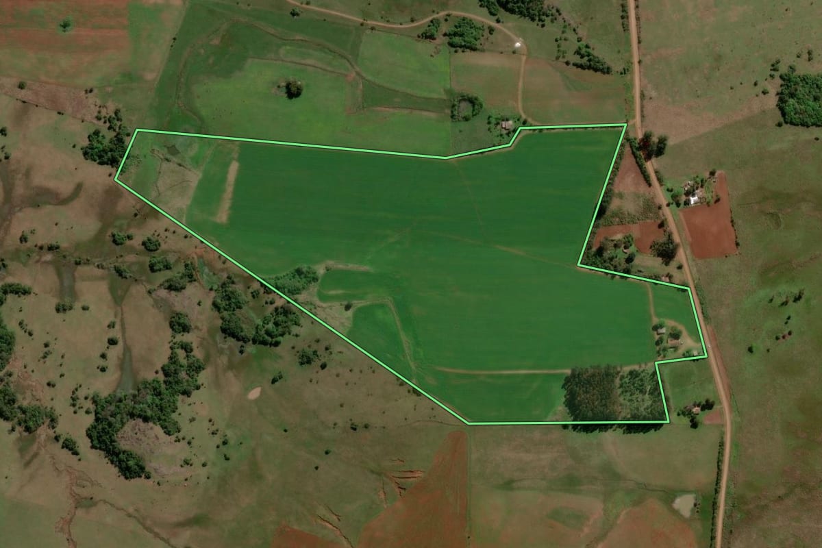 Imagem de satélite do imóvel rural em Itacurubi (RS), com o contorno declarado no CAR desenhado por cima.