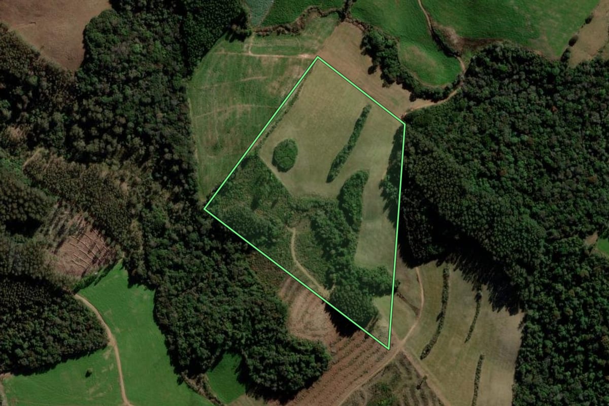 Imagem de satélite do imóvel rural em Itapuca (RS), com o contorno declarado no CAR desenhado por cima.