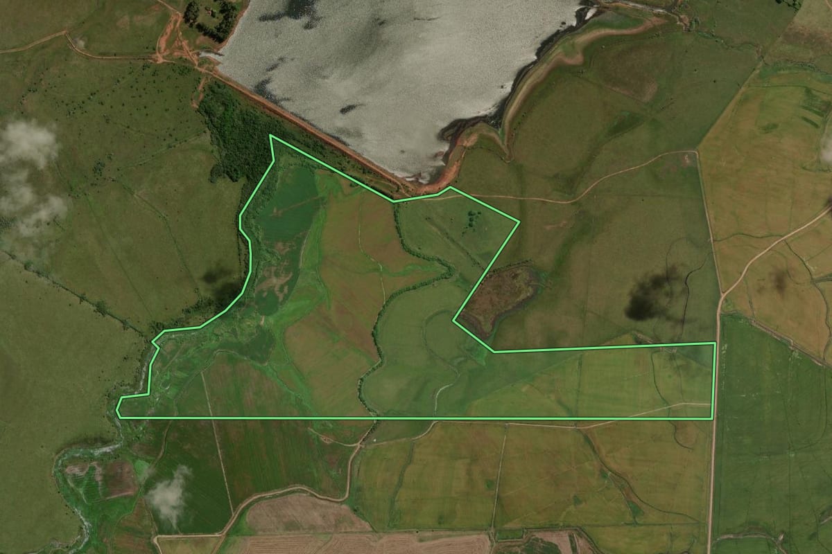 Imagem de satélite do imóvel rural em Itaqui (RS), com o contorno declarado no CAR desenhado por cima.