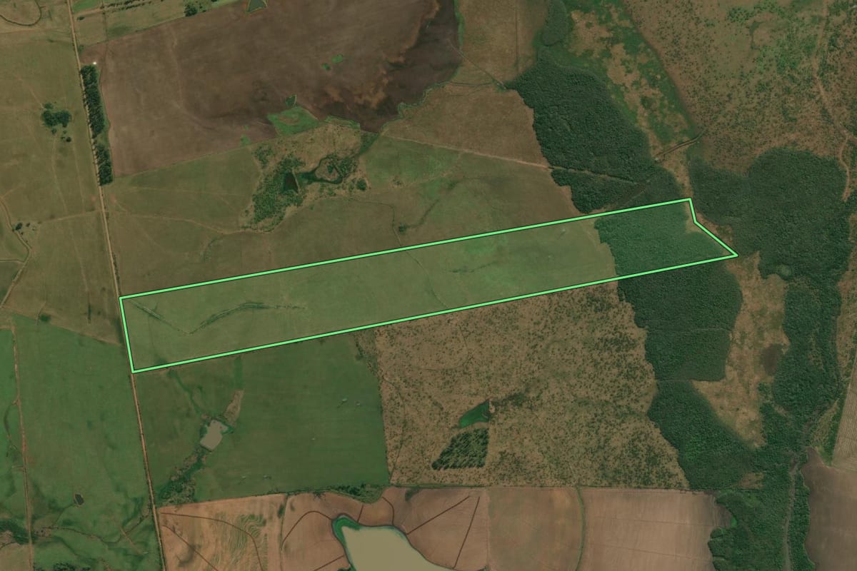 Imagem de satélite do imóvel rural em Itaqui (RS), com o contorno declarado no CAR desenhado por cima.