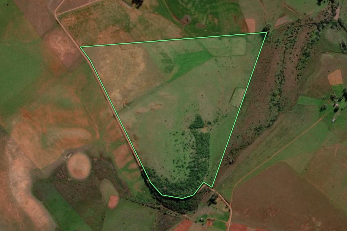 Imagem de satélite do imóvel rural em Itaqui (RS), com o contorno declarado no CAR desenhado por cima.