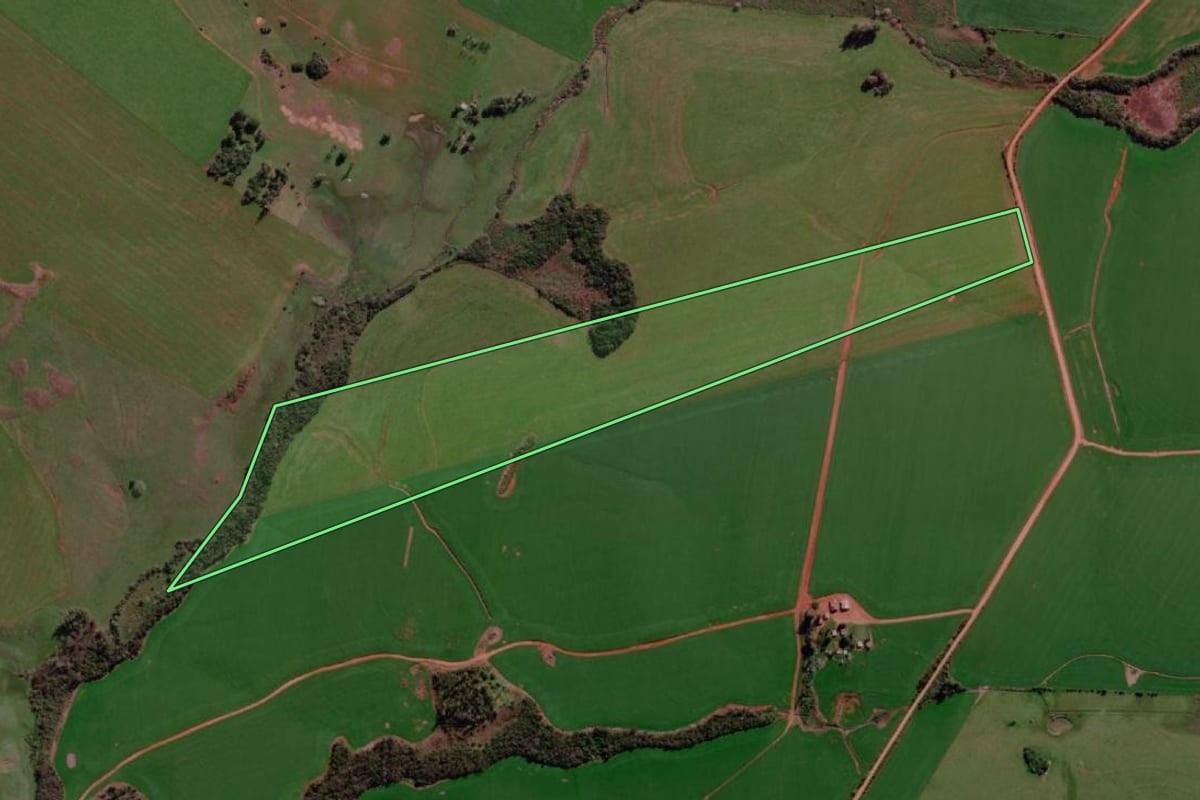 Imagem de satélite do imóvel rural em Itaqui (RS), com o contorno declarado no CAR desenhado por cima.
