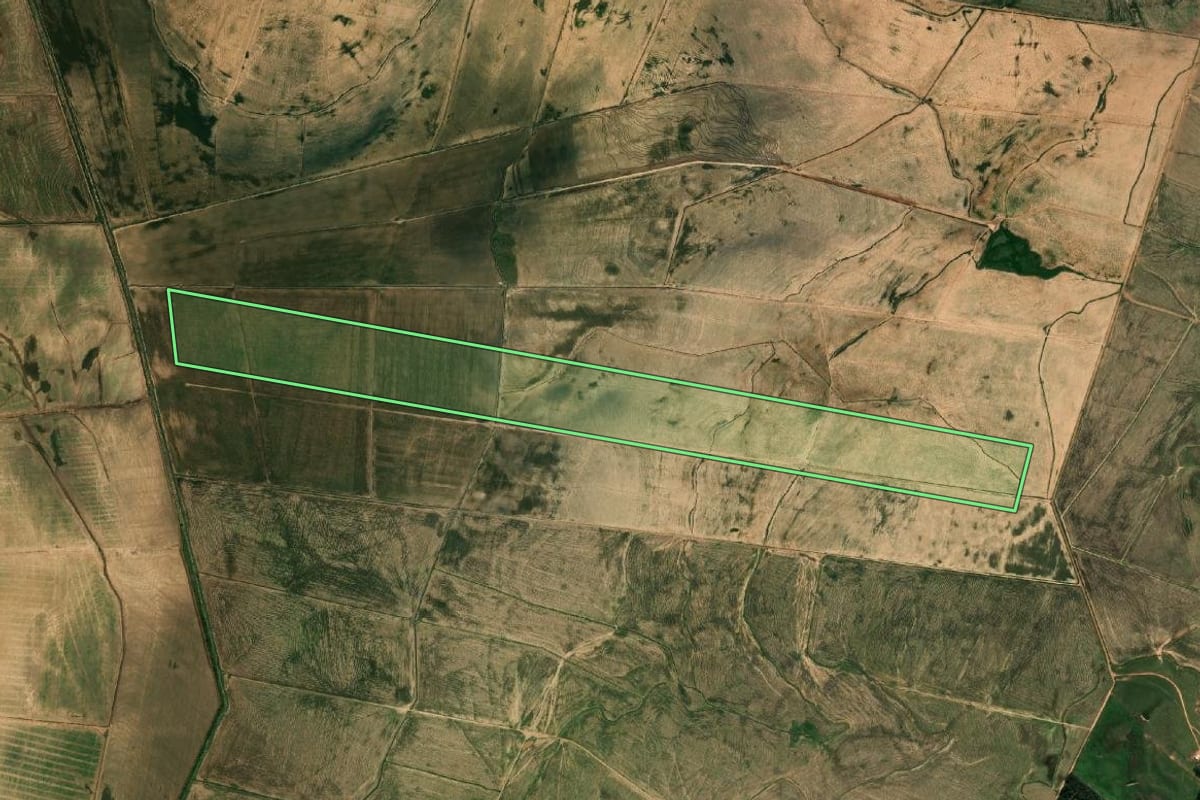 Imagem de satélite do imóvel rural em Itaqui (RS), com o contorno declarado no CAR desenhado por cima.