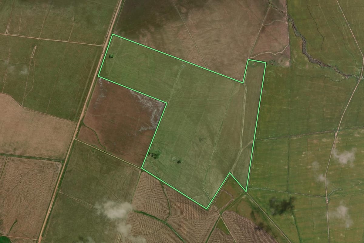 Imagem de satélite do imóvel rural em Itaqui (RS), com o contorno declarado no CAR desenhado por cima.